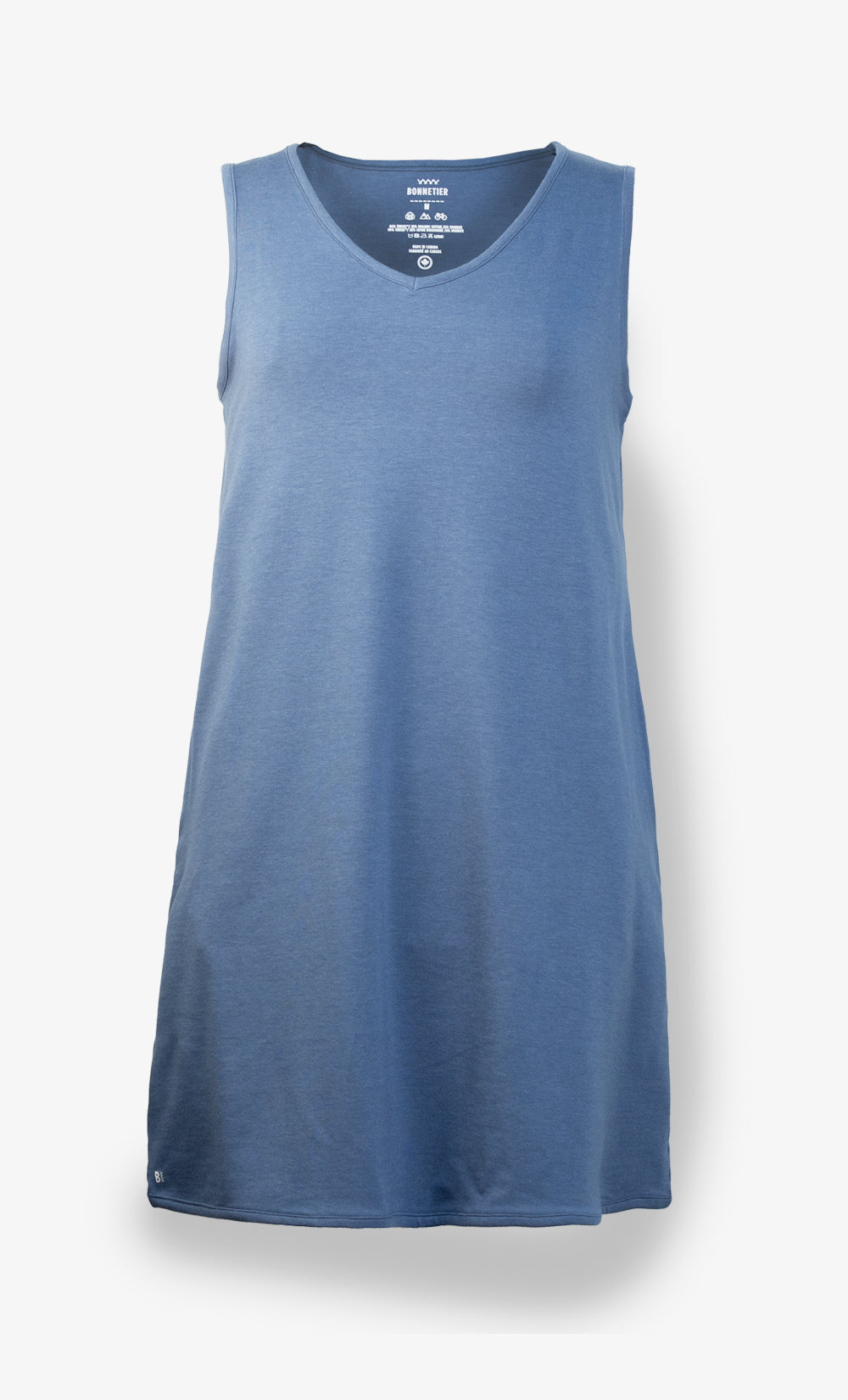 Robe sans manche en Tencel bleu pâle Bic, ultra douce et écoresponsable, offrant un confort exceptionnel et une coupe élégante.