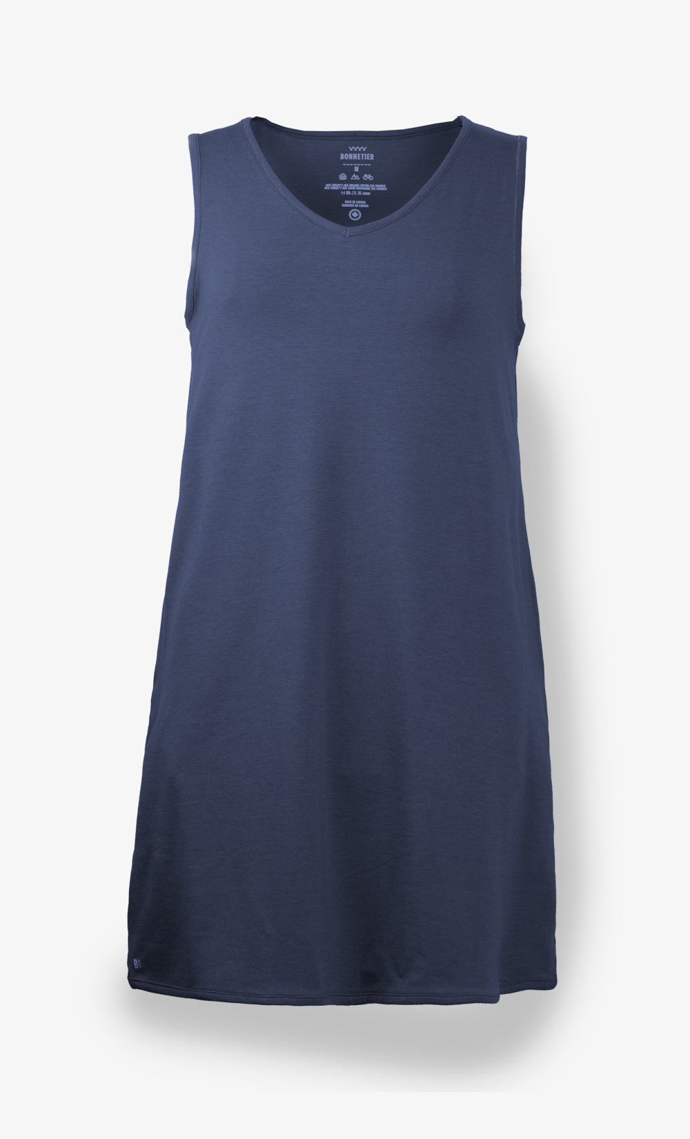 Robe sans manche en Tencel bleu Bic pour femme, douce, fluide, respirante et fabriquée au Canada – idéale pour un style durable et confortable.
