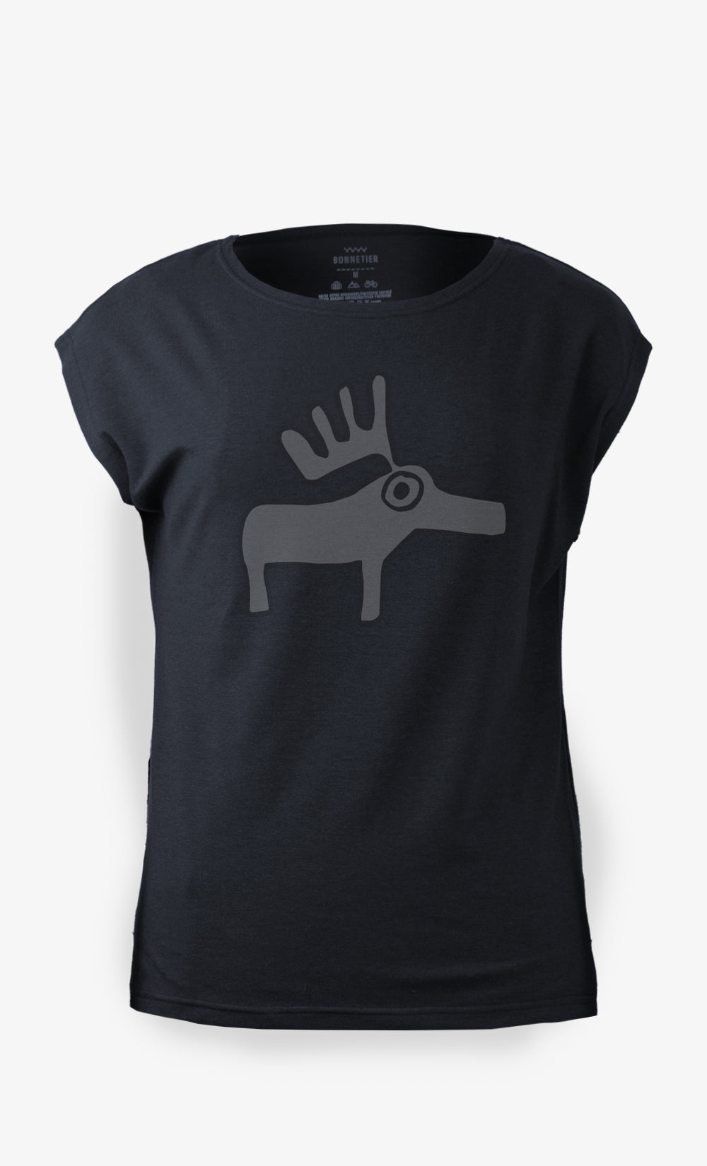 T-shirt femme noir en coton biologique avec imprimé orignal stylisé