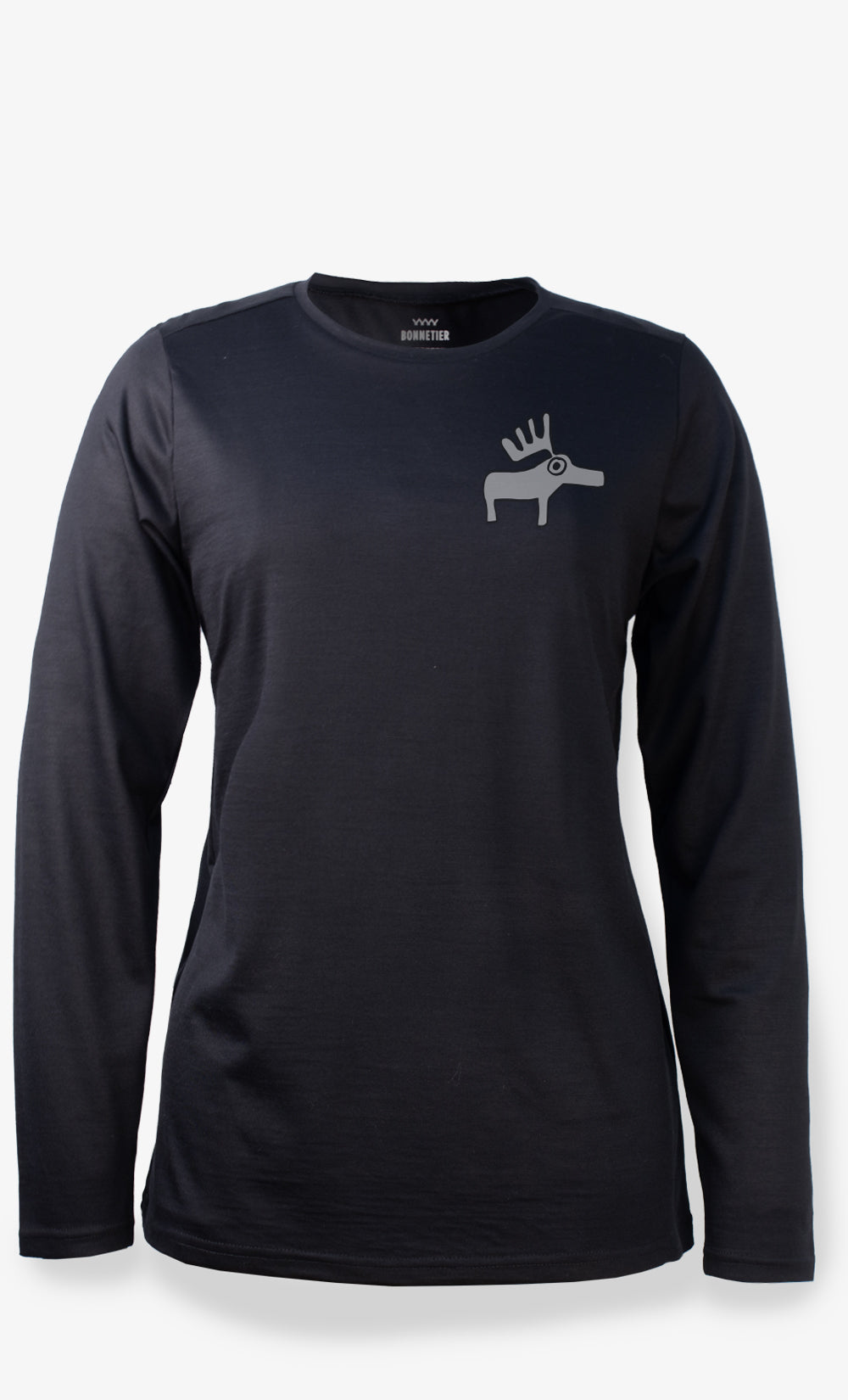 Chandail femme noir en laine mérinos 190 GSM avec motif orignal discret, manches longues, coupe régulière.