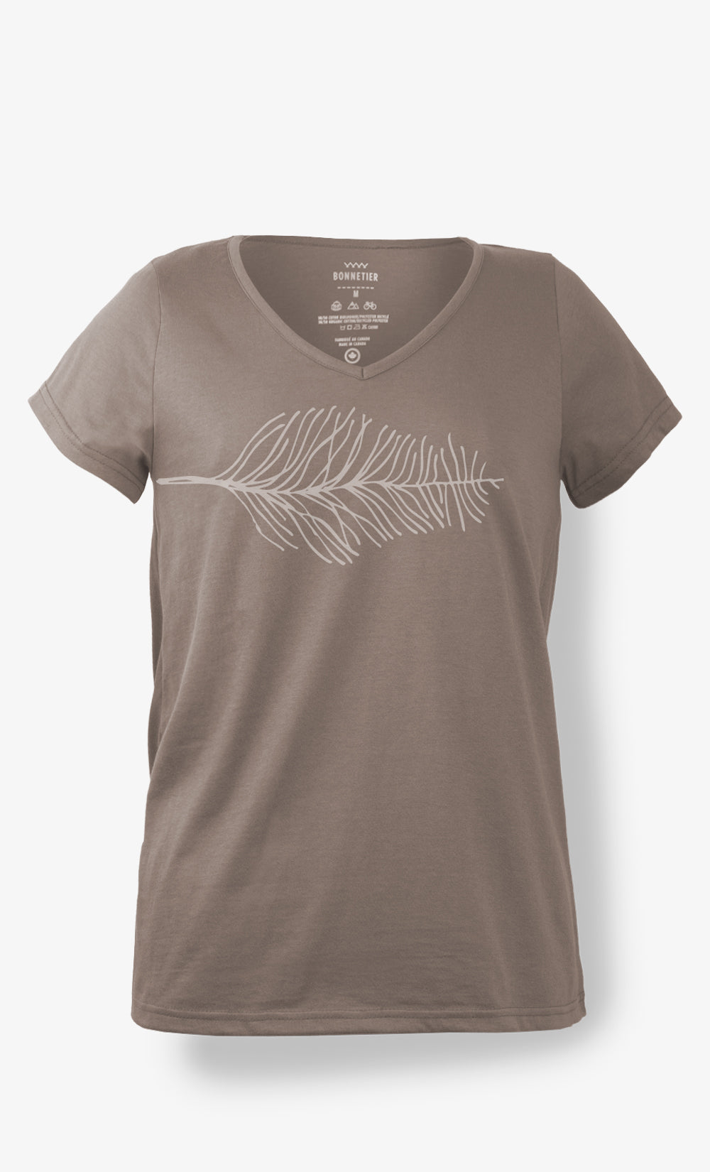 T-shirt femme taupe col V en coton bio avec imprimé Feather, manches courtes.