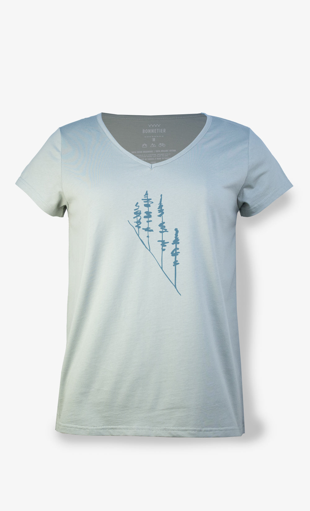 T-shirt Flow femme sauge pâle BONNETIER en coton organique avec imprimé Pins Inclinés sur le devant