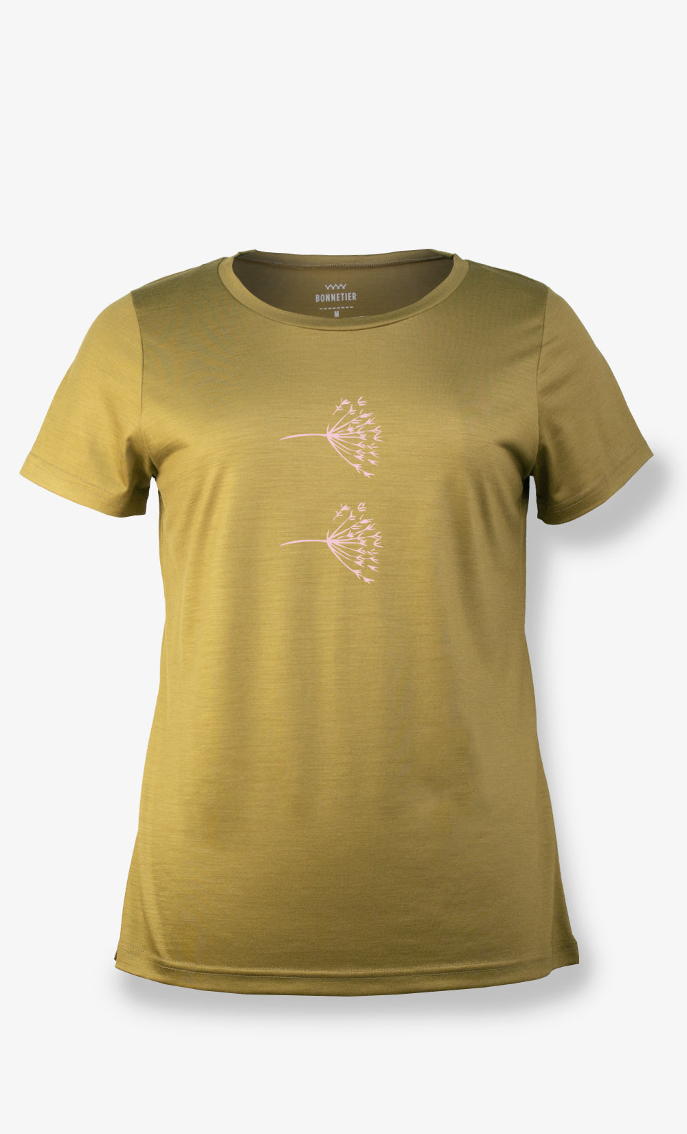 T-shirt femme en laine de mérinos couleur miel avec imprimé deux pissenlits BONNETIER fabriqué au Canada