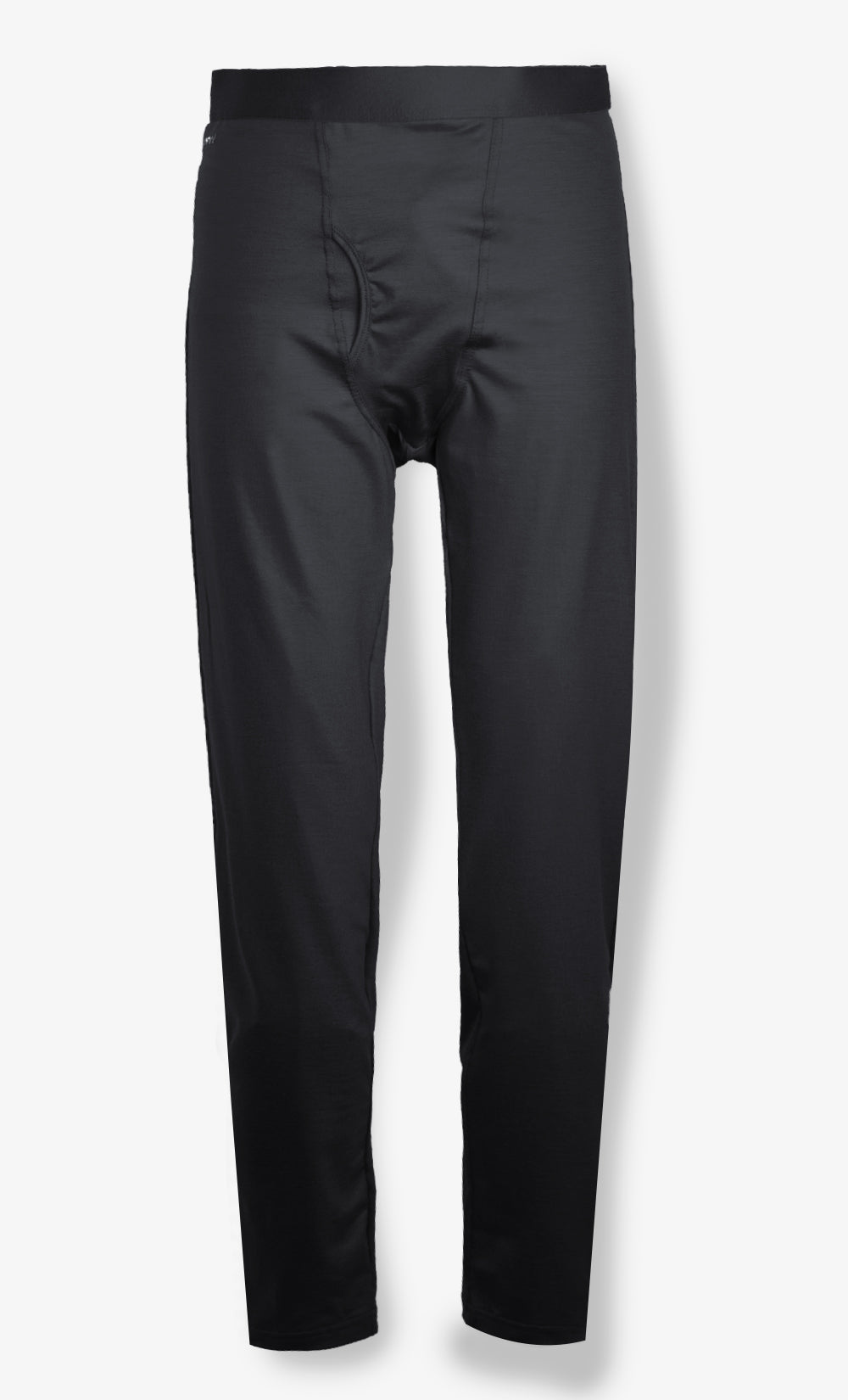 Legging homme noir en laine mérinos 280 GSM avec braguette ouverte et coupe ajustée, idéal pour temps froid.