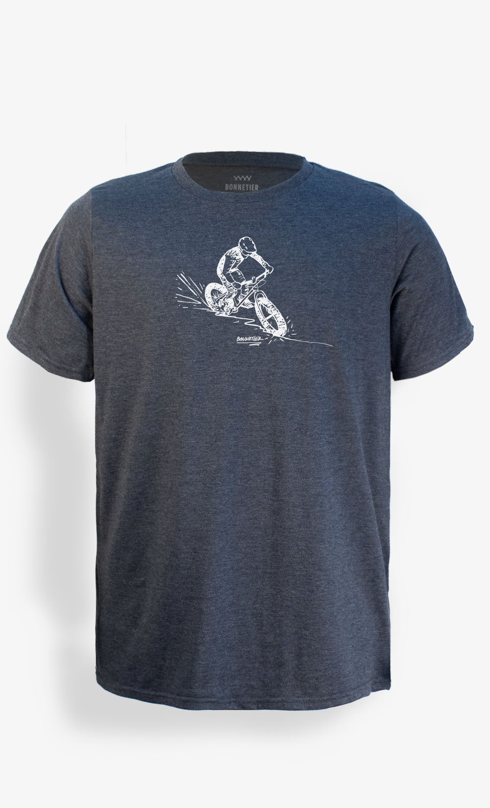 T-shirt homme gris charbon en coton bio et polyester recyclé avec imprimé Fatbike, manches courtes.