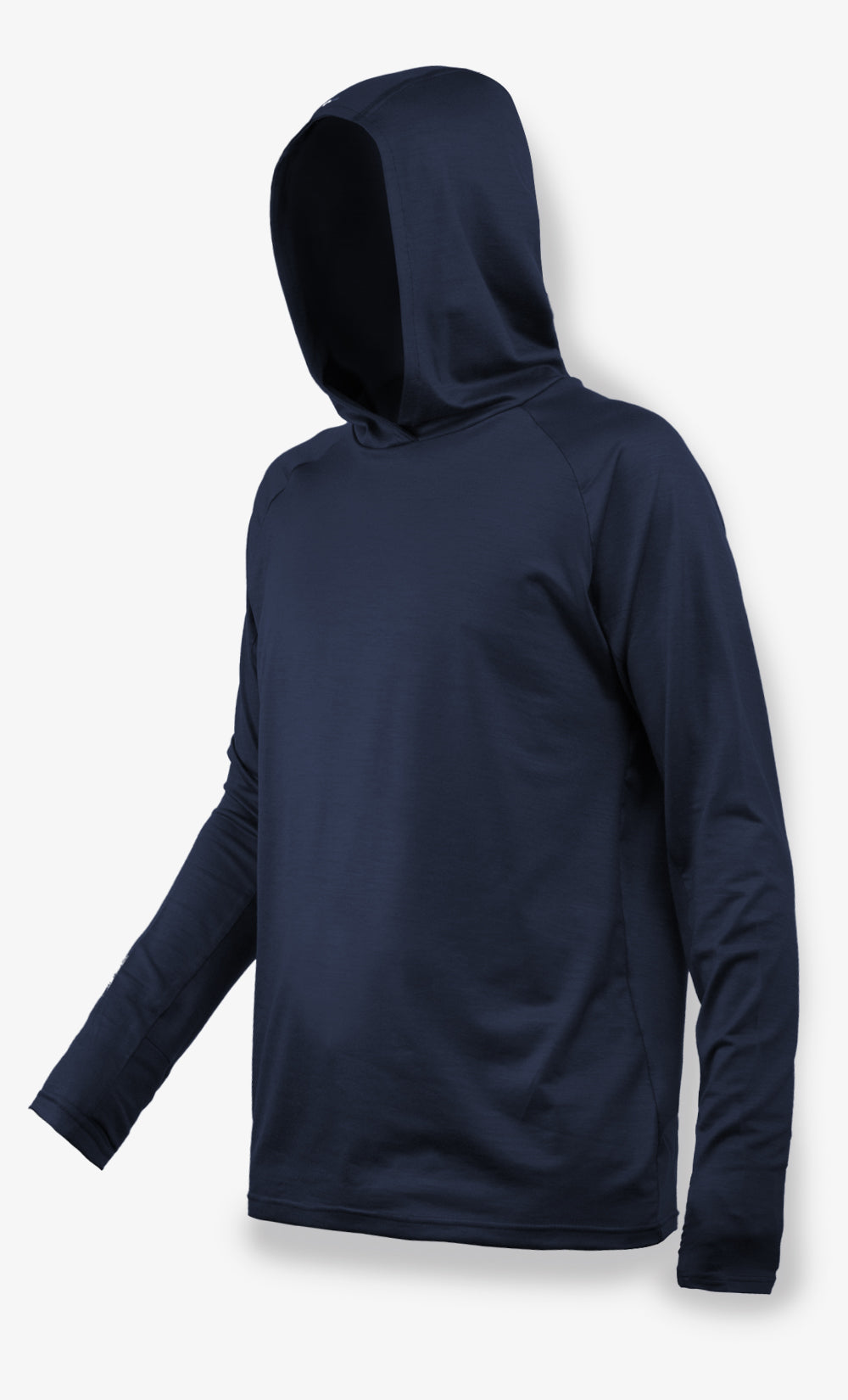 Hoodie en laine mérinos Stretchwool marine pour homme avec capuchon, fabriqué au Canada.