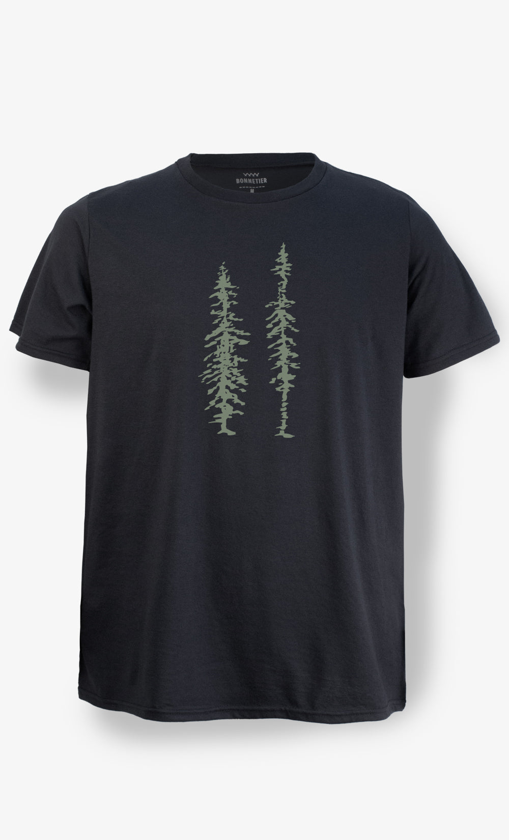 T-shirt noir pour homme BONNETIER avec imprimé Pixel Tree vert style forêt minimaliste sur le devant.