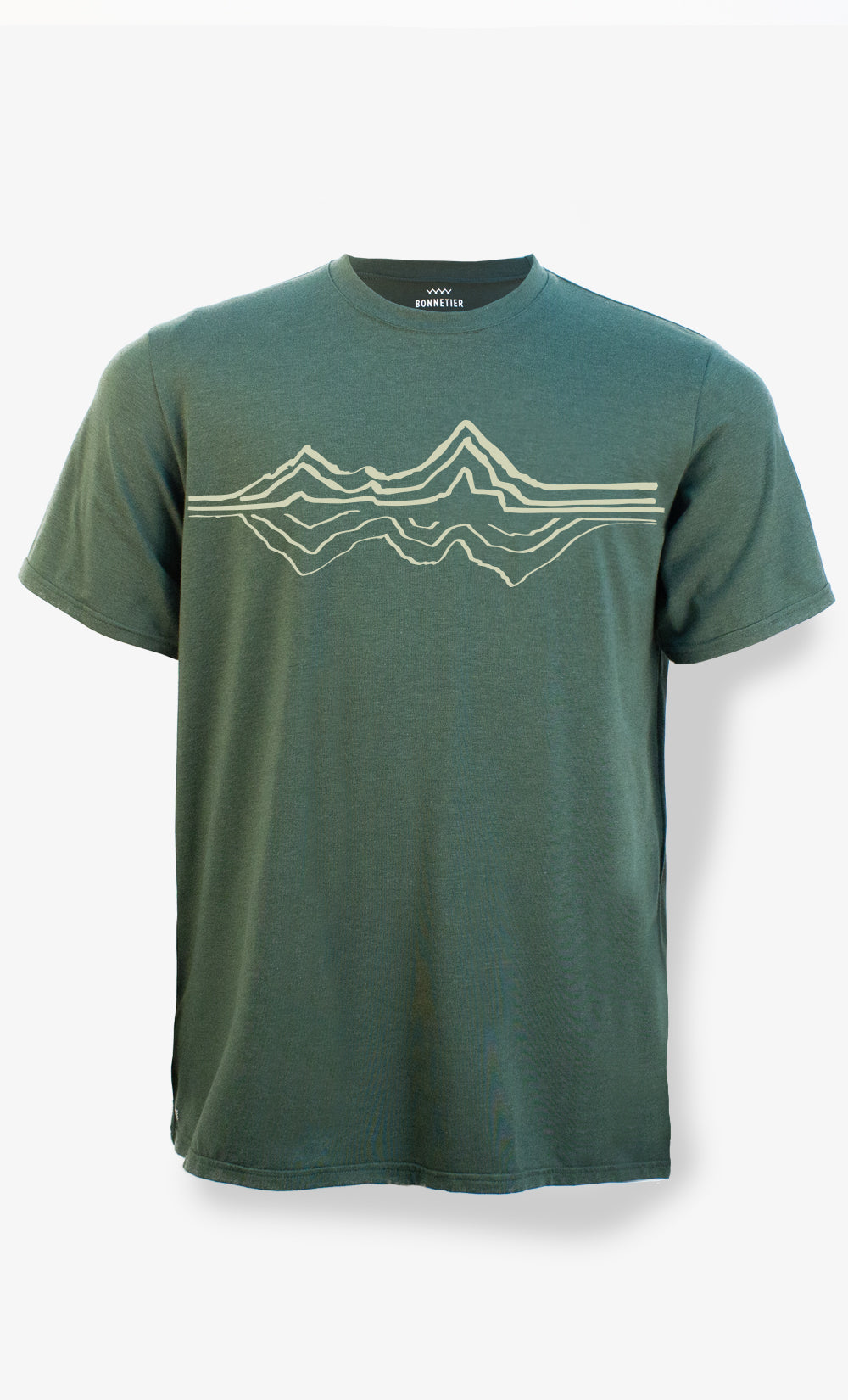 T-shirt vert chiné BONNETIER avec imprimé montagne réflex en coton biologique et polyester recyclé fabriqué au Canada