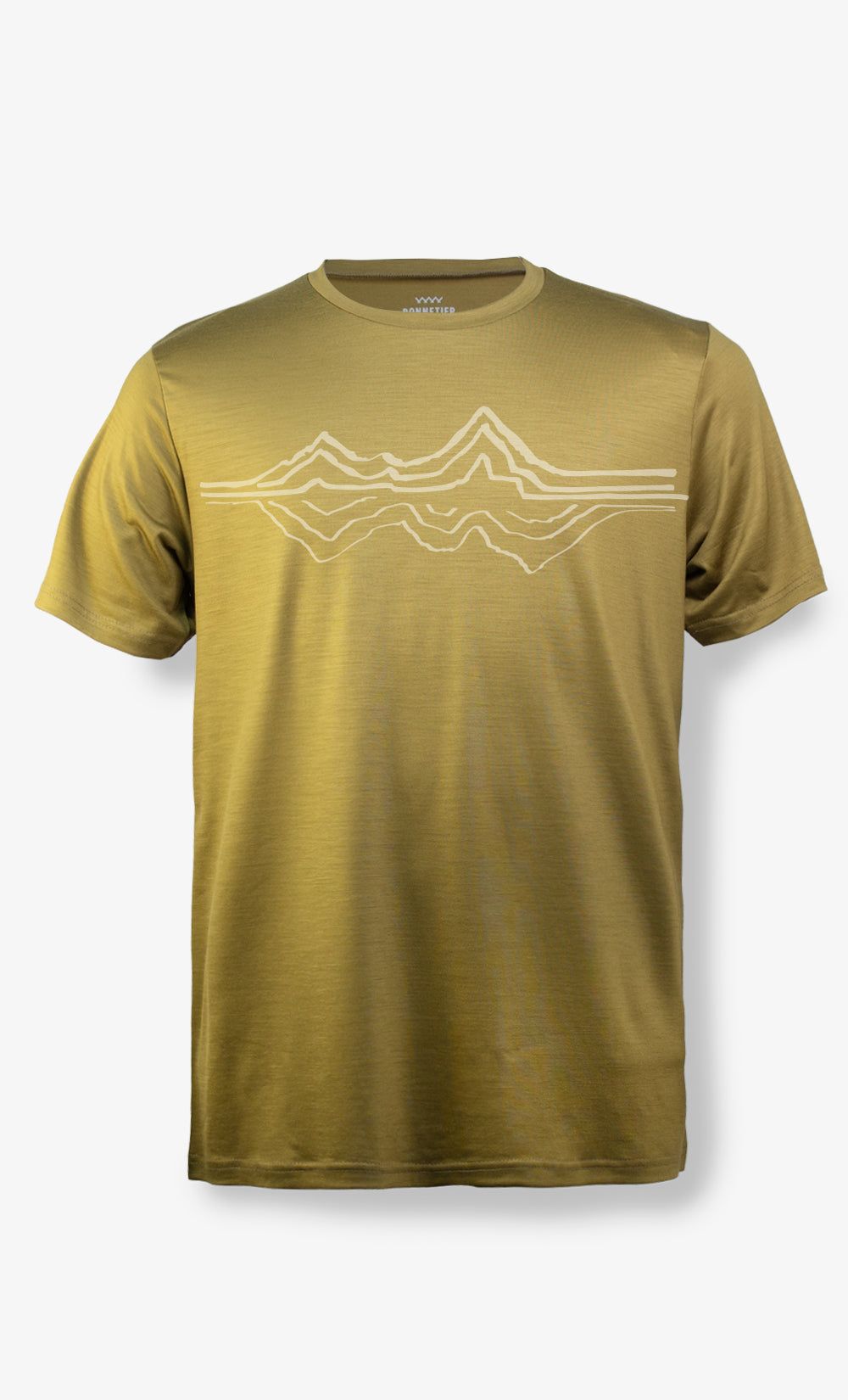 T-shirt en laine de mérinos ultra léger couleur miel avec imprimé Montagne Reflex BONNETIER fabriqué au Canada