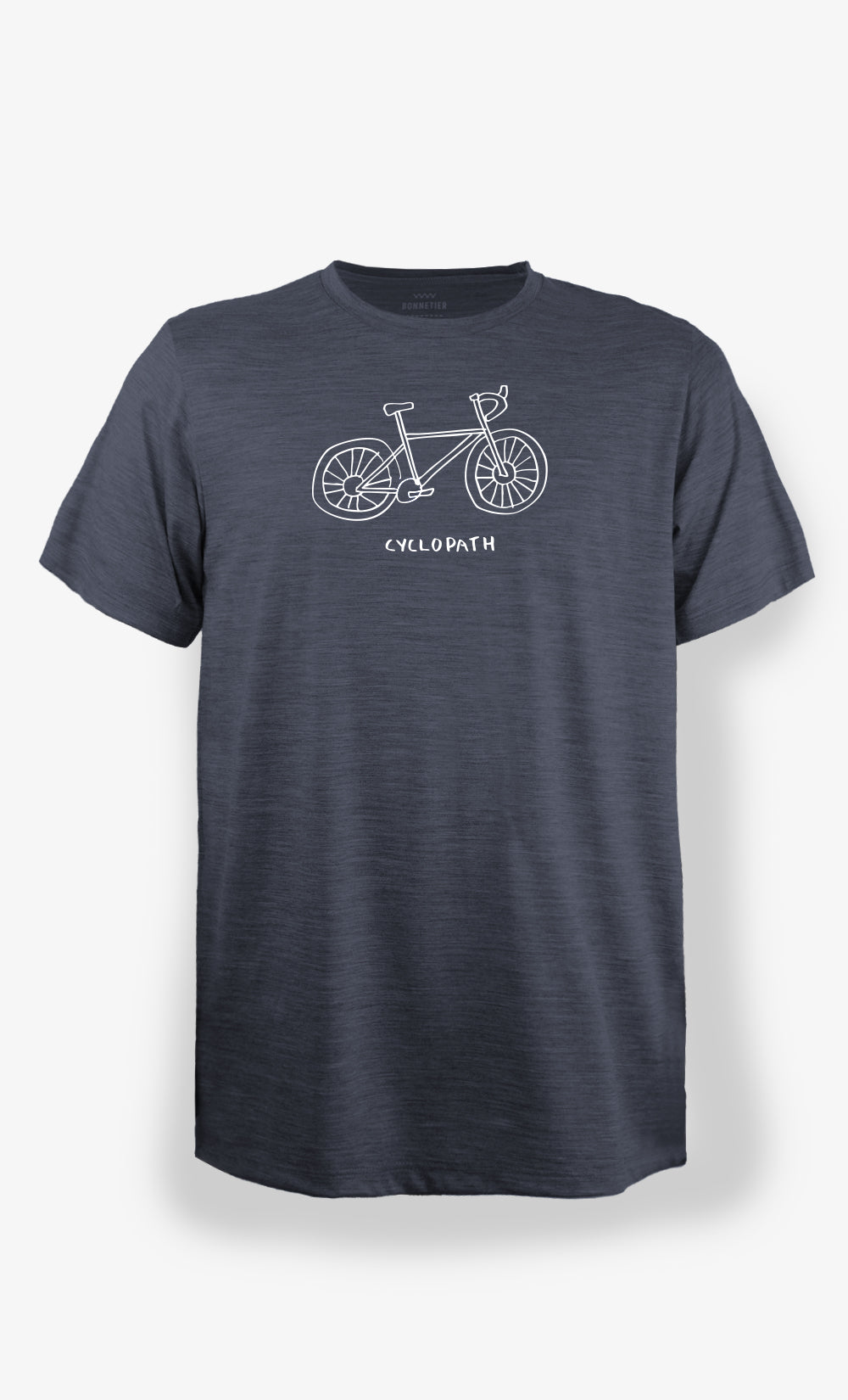 T-shirt en laine de mérinos charbon avec illustration vélo Cyclopath Bonnetier fabriqué au Canada.