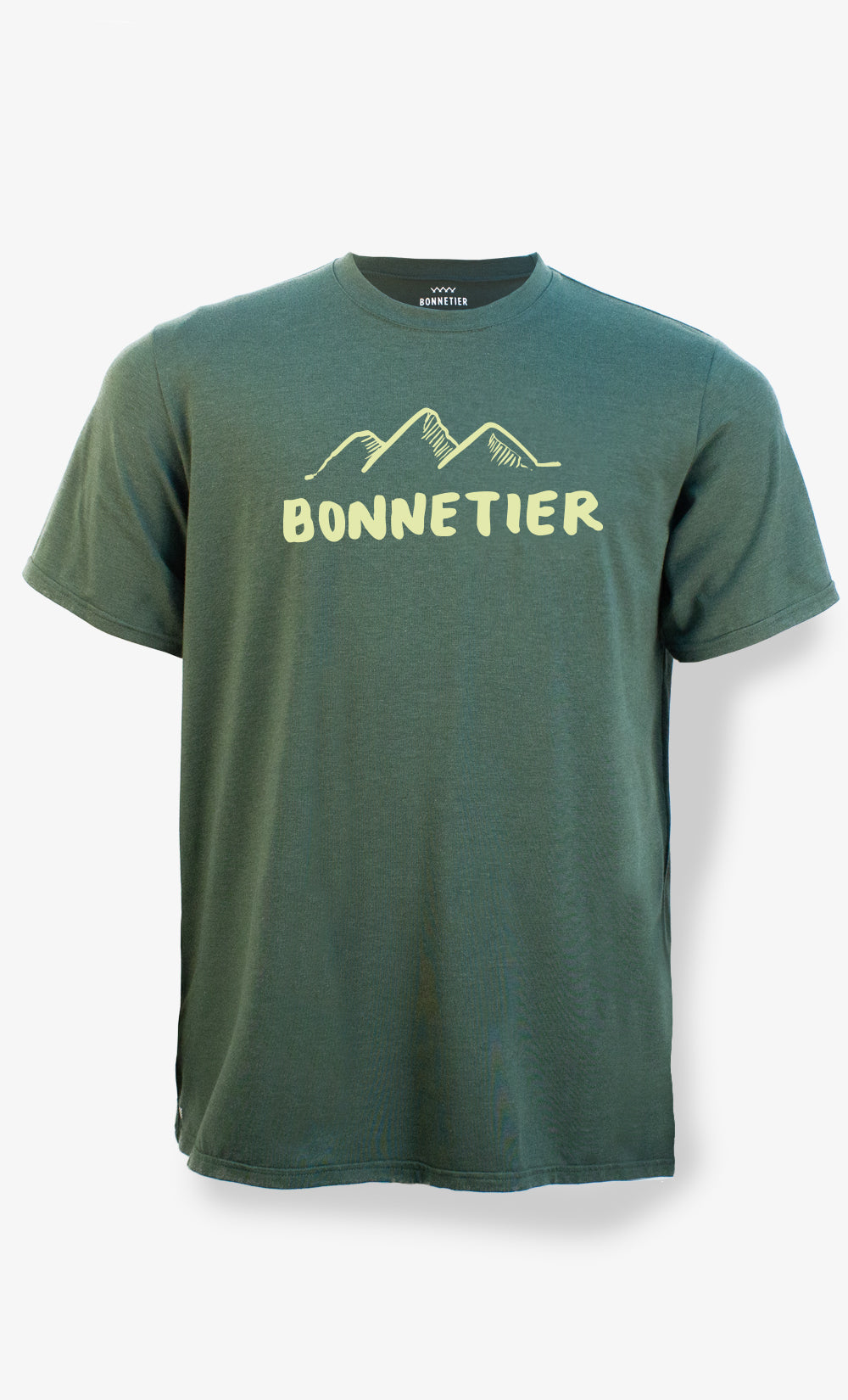 T-shirt homme vert chiné BONNETIER avec logo Bonnetier Fest et illustration de montagnes imprimée à l’avant, fabriqué au Canada.
